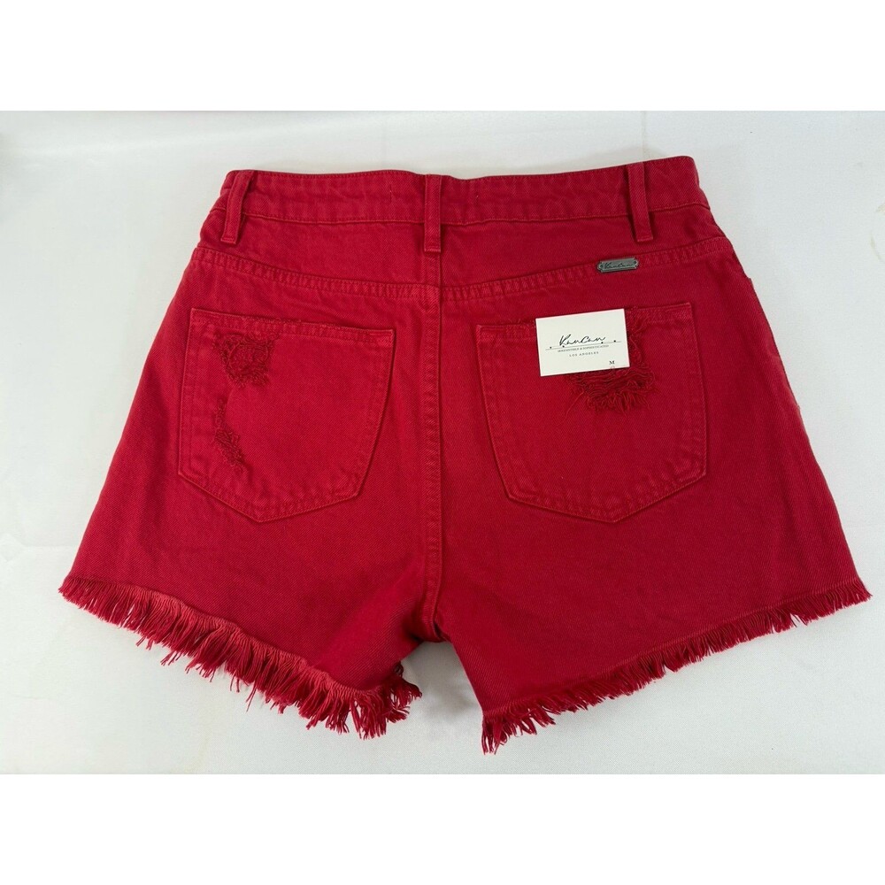 KanCan red high-rise distressed denim shorts with a raw frayed hem NWT Size Medi - Picture 3 of 6